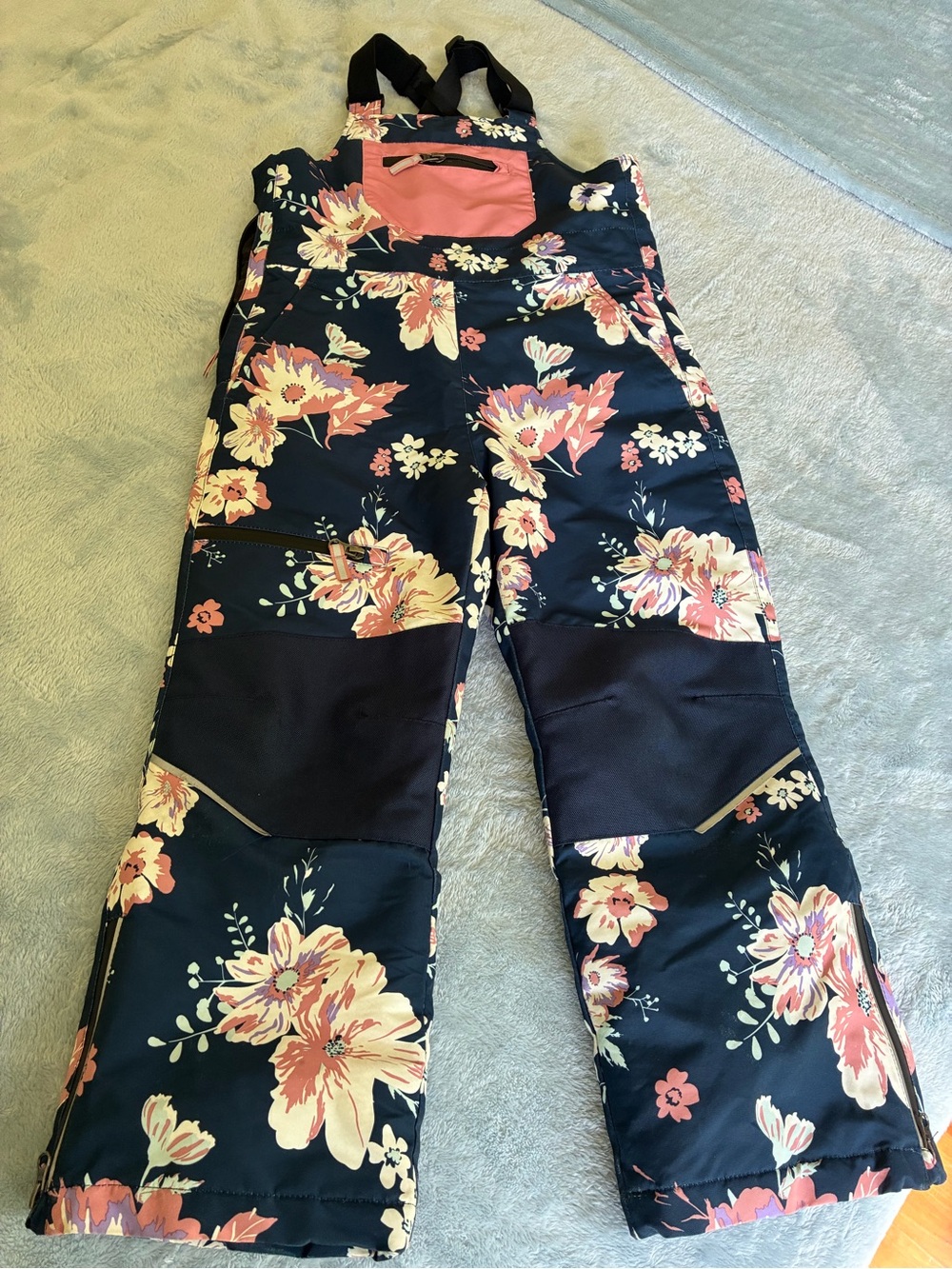 Swiss Tech Navy Floral Kids One-Piece snowsuit with bibs and front Pink Pocket 6